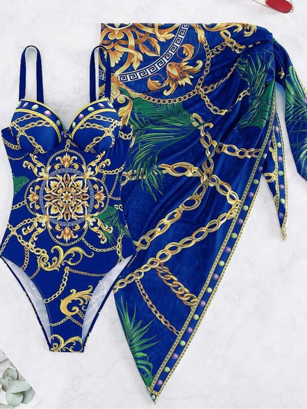 Navy Blue & Gold Chain Print One-Piece Swimsuit with Beach Skirt - Picture 2 of 5